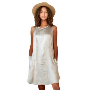 Lost in Lunar Linen Cotton Shift Dress Fringe Trim, Beige Oatmeal Sleeveless, S